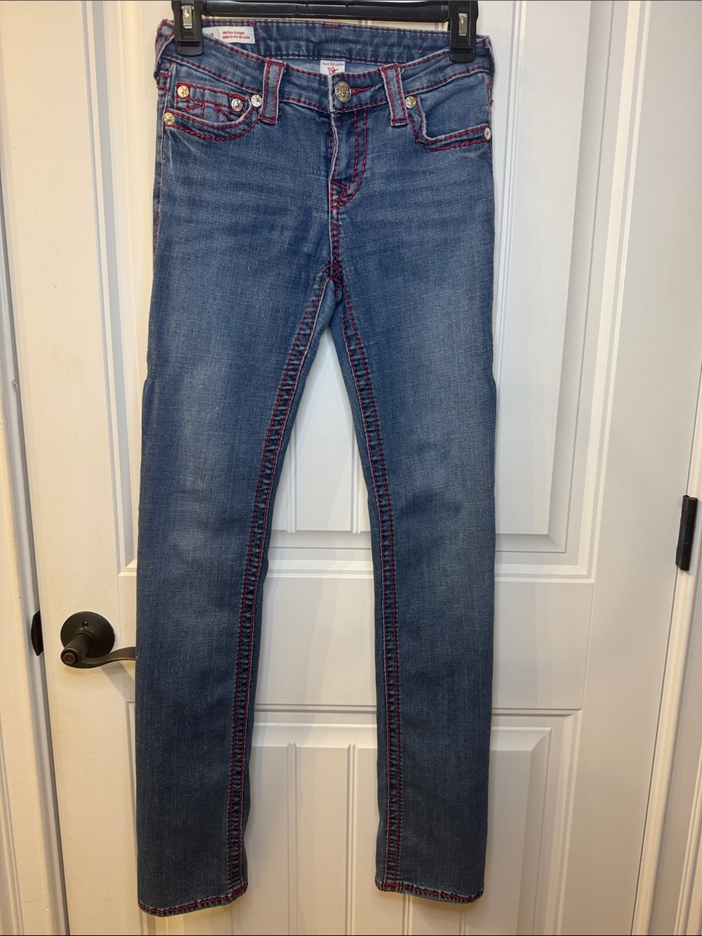 True Religion Women's Blue Skinny Jeans with Red Stitching 27